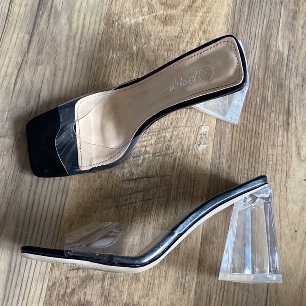 Clear and Black Square toe Block heels